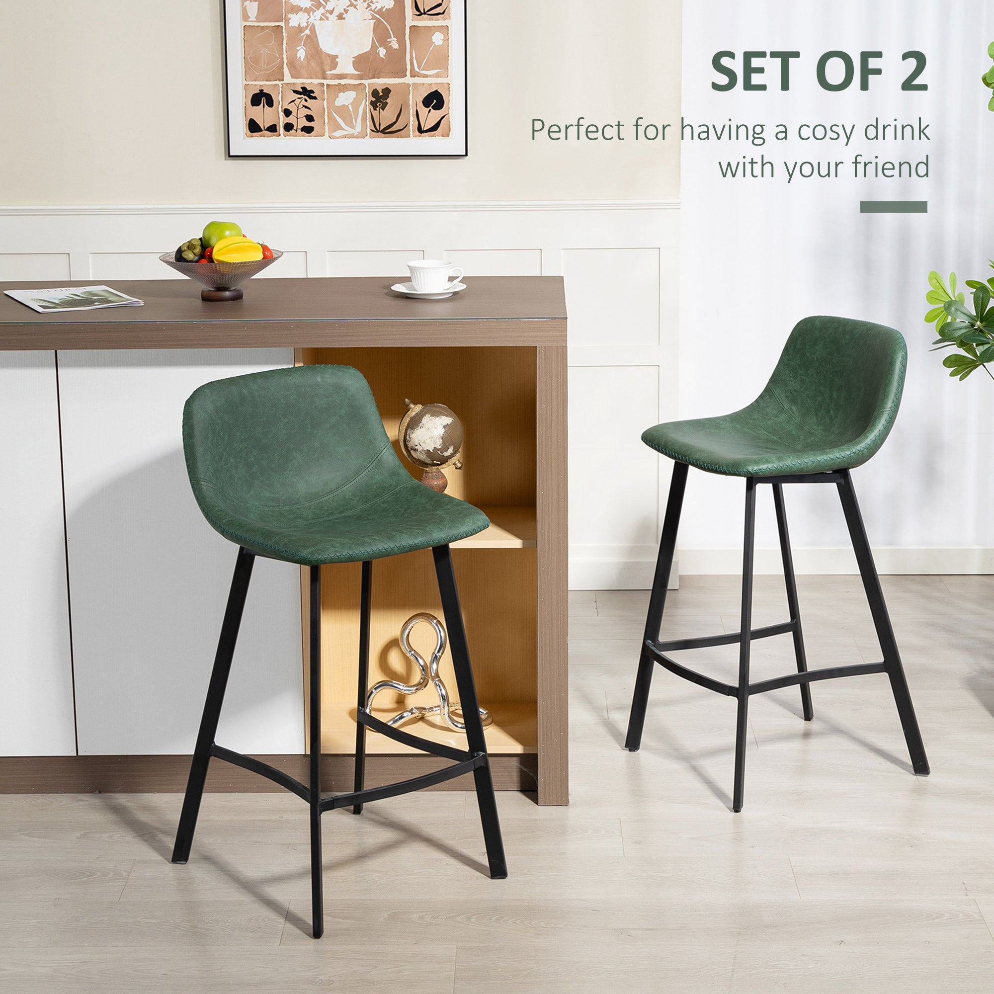 HOMCOM Bar Stools Set of 2, PU Leather Dining Stools with Backrest, Footrest, for Kitchen, Counter, Breakfast Bar, Green 