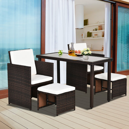 Outsunny 2 Seater Rattan Cube Garden Furniture Set, Rattan Dining Set with Cushions, Outdoor Dining Table and Chairs with 2 Armchairs, 2 Stools, Rectangular Glass Top Table for Patio, Balcony, Brown 