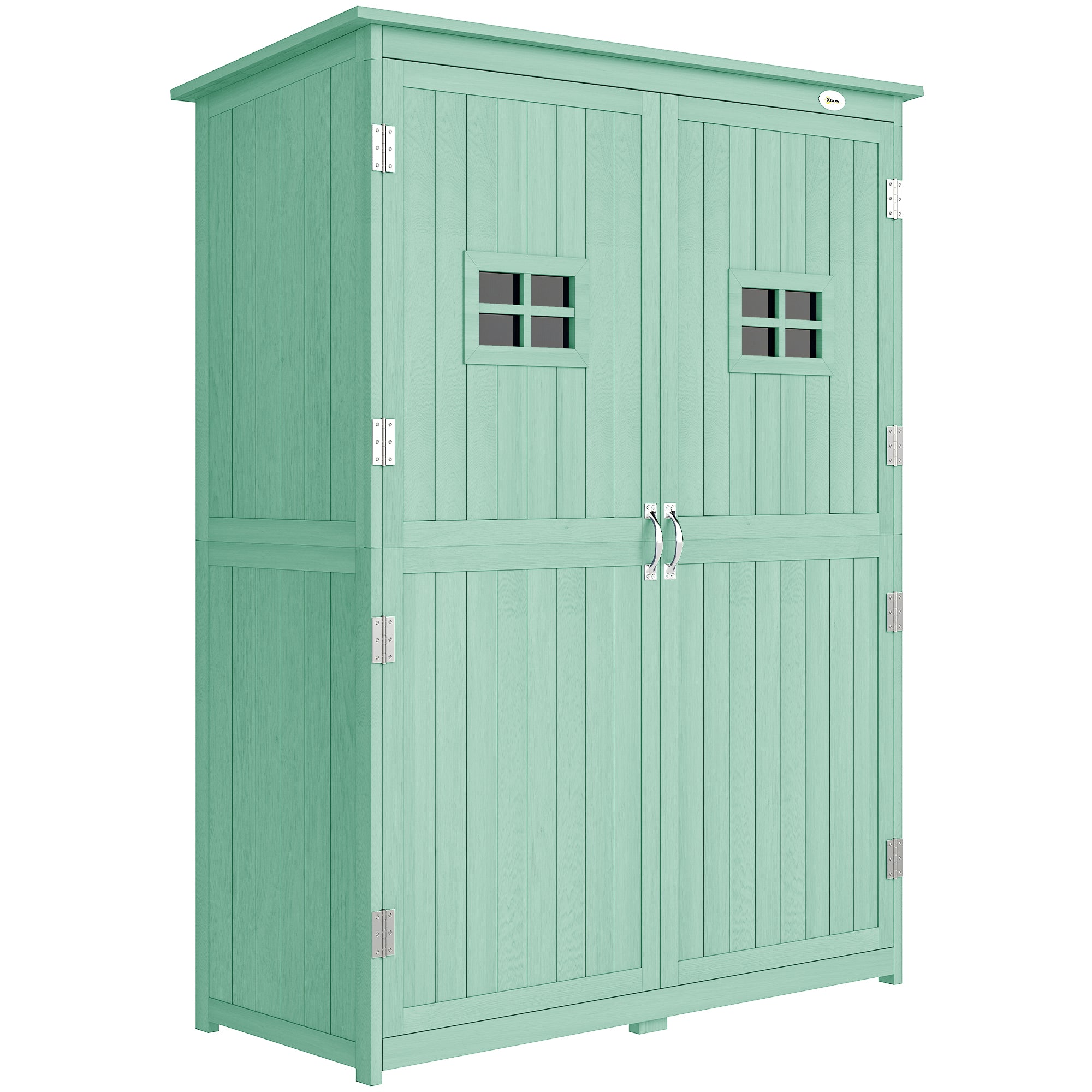 Outsunny Wooden Garden Shed with Two Windows, Tool Storage Cabinet, Outdoor Double Door organiser 127.5L x 50W x 164H cm, Green 