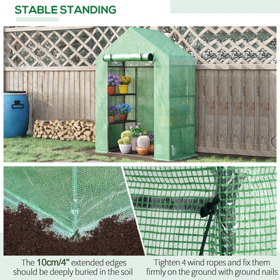 Outsunny Walk In Greenhouse with Shelves, Portable Gardening Plant Grow House for Outdoor with 2 Tier Shelf, Roll-Up Zippered Door, PE Cover, 141 x 72 x 191cm, Green 
