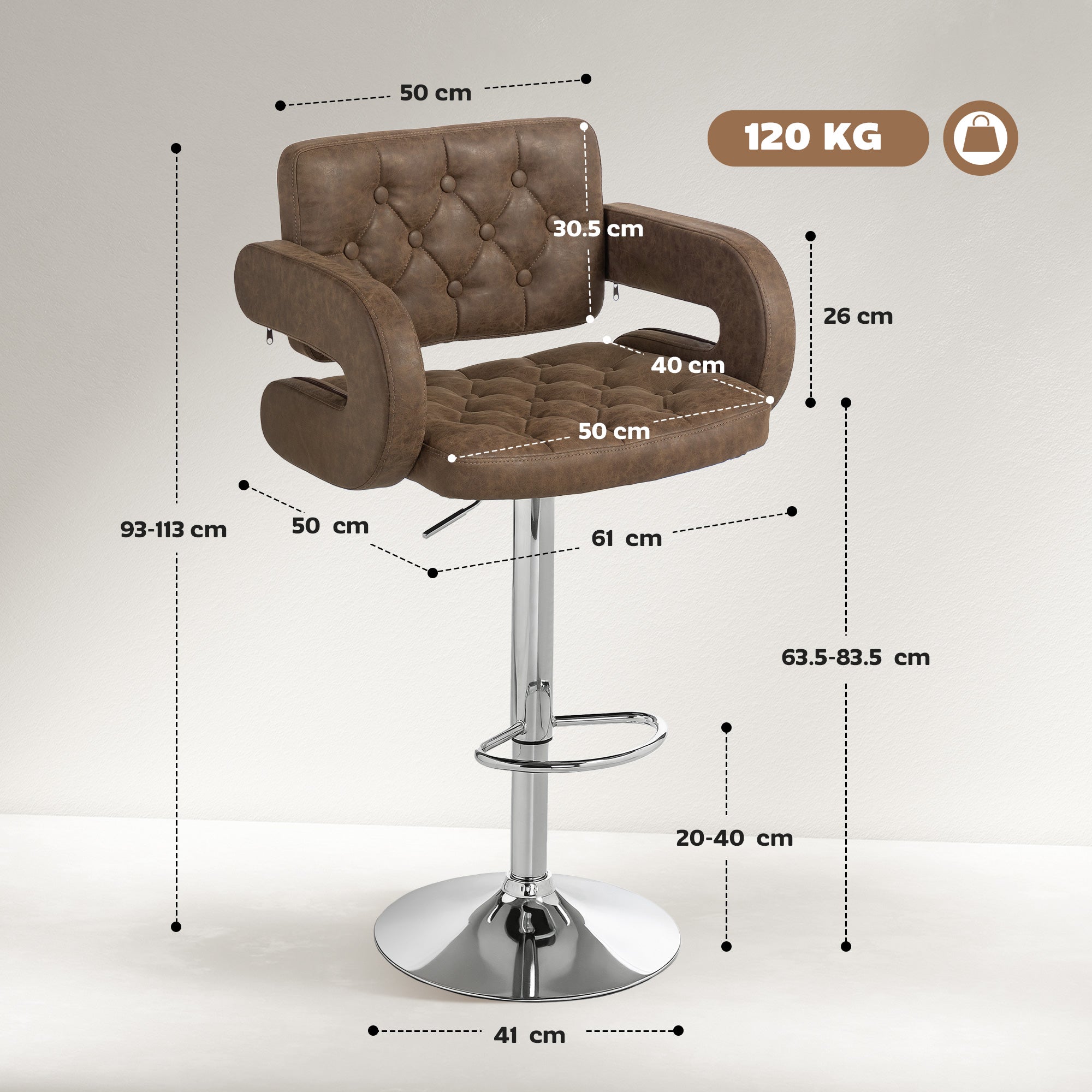 HOMCOM PU Leather Upholstered Swivel Bar Stool, Height Adjustable with Back, Armrest, Footrest, Coffee 