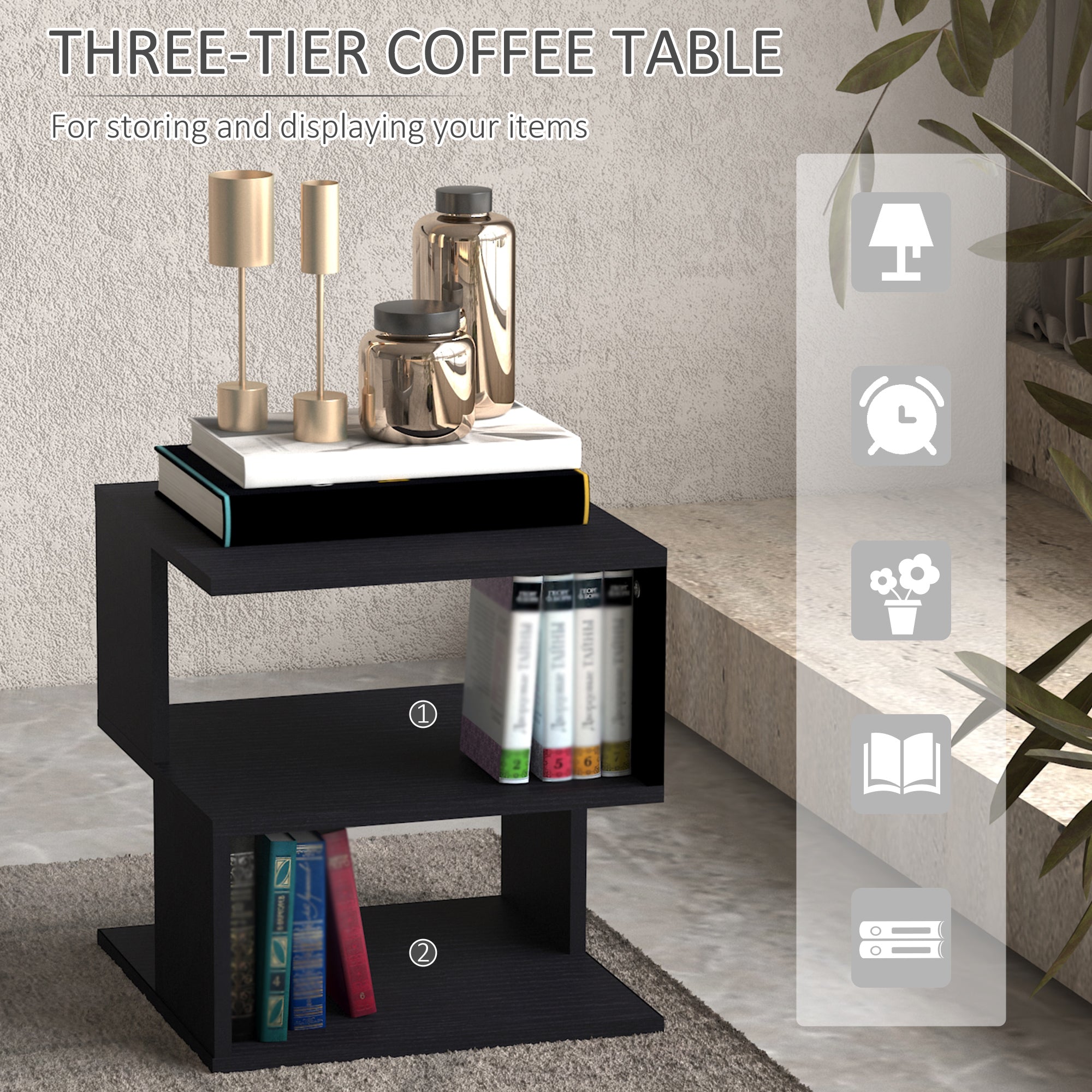 HOMCOM Side Table Square Coffee Table Modern End Table with 2 Tier Storage Shelves for Living Room, Bedroom, Black 