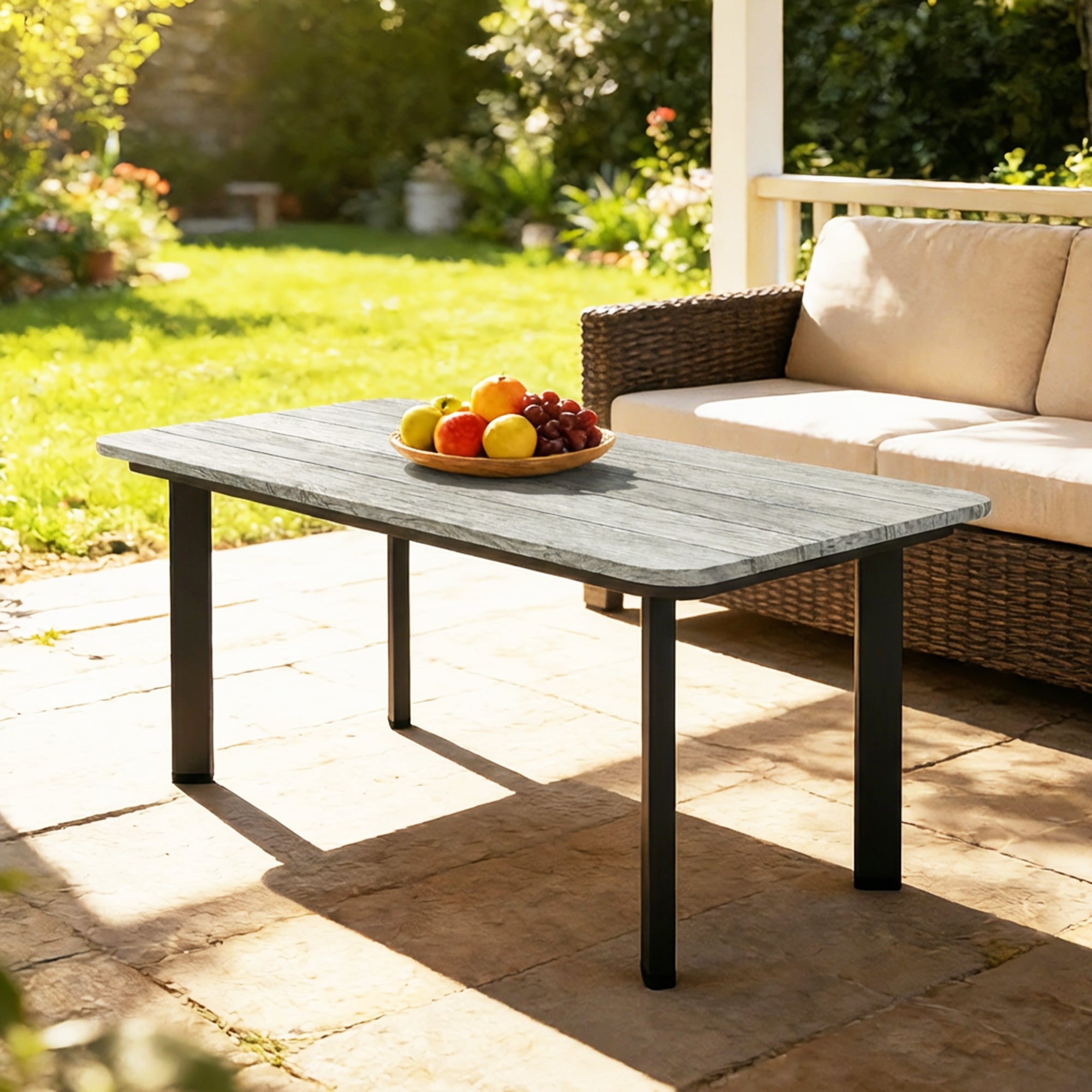 Outsunny Outdoor Garden Coffee Table, Garden Table with Slatted Wood Plastic Composite Top and Metal Frame, Grey 