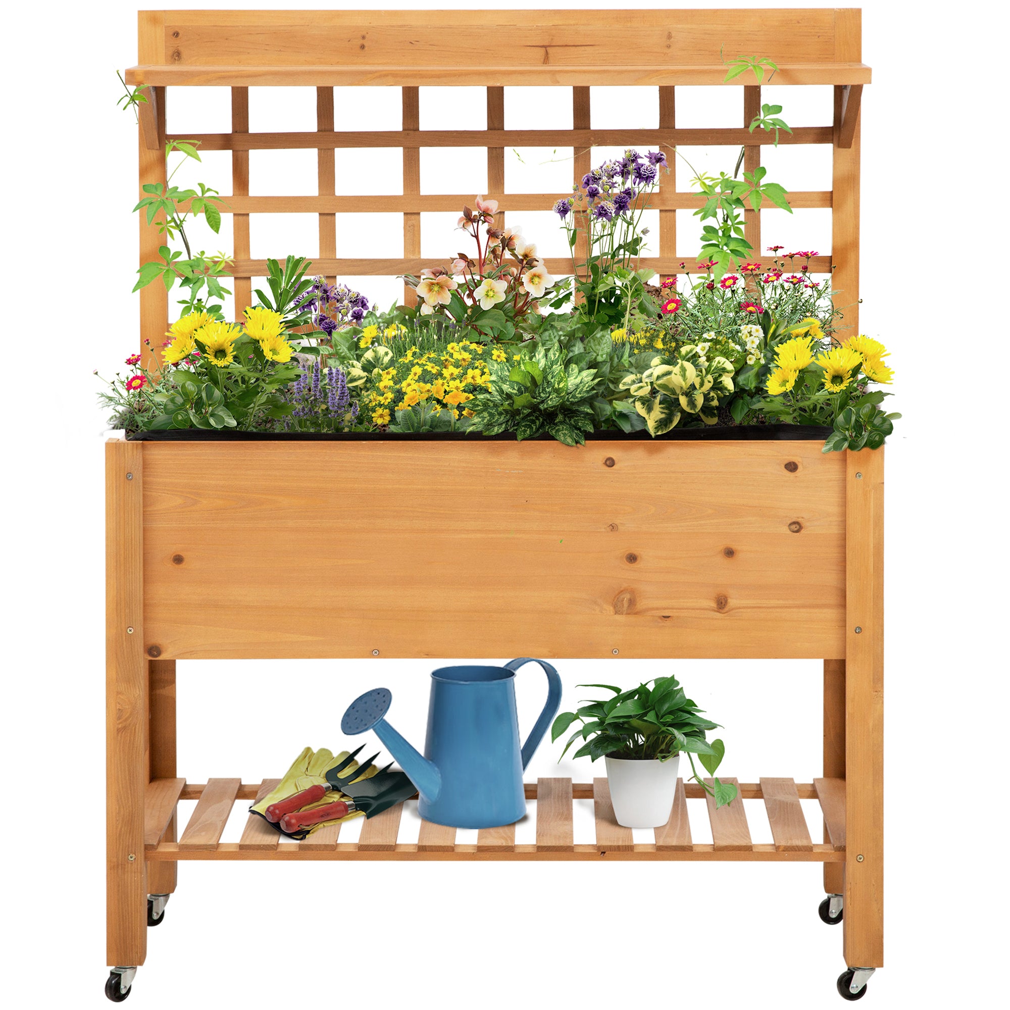 Outsunny Wooden Planter Raised Elevated Garden Bed with 2 Shelves for Vegetables Flowers 
