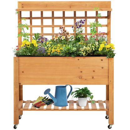 Outsunny Wooden Planter Raised Elevated Garden Bed with 2 Shelves for Vegetables Flowers 