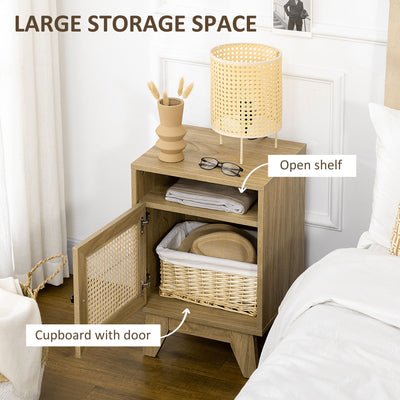 HOMCOM Narrow Rattan Nightstand, Side End Table with Shelf and Cupboard, 39cm x 35cm x 60cm, Natural 