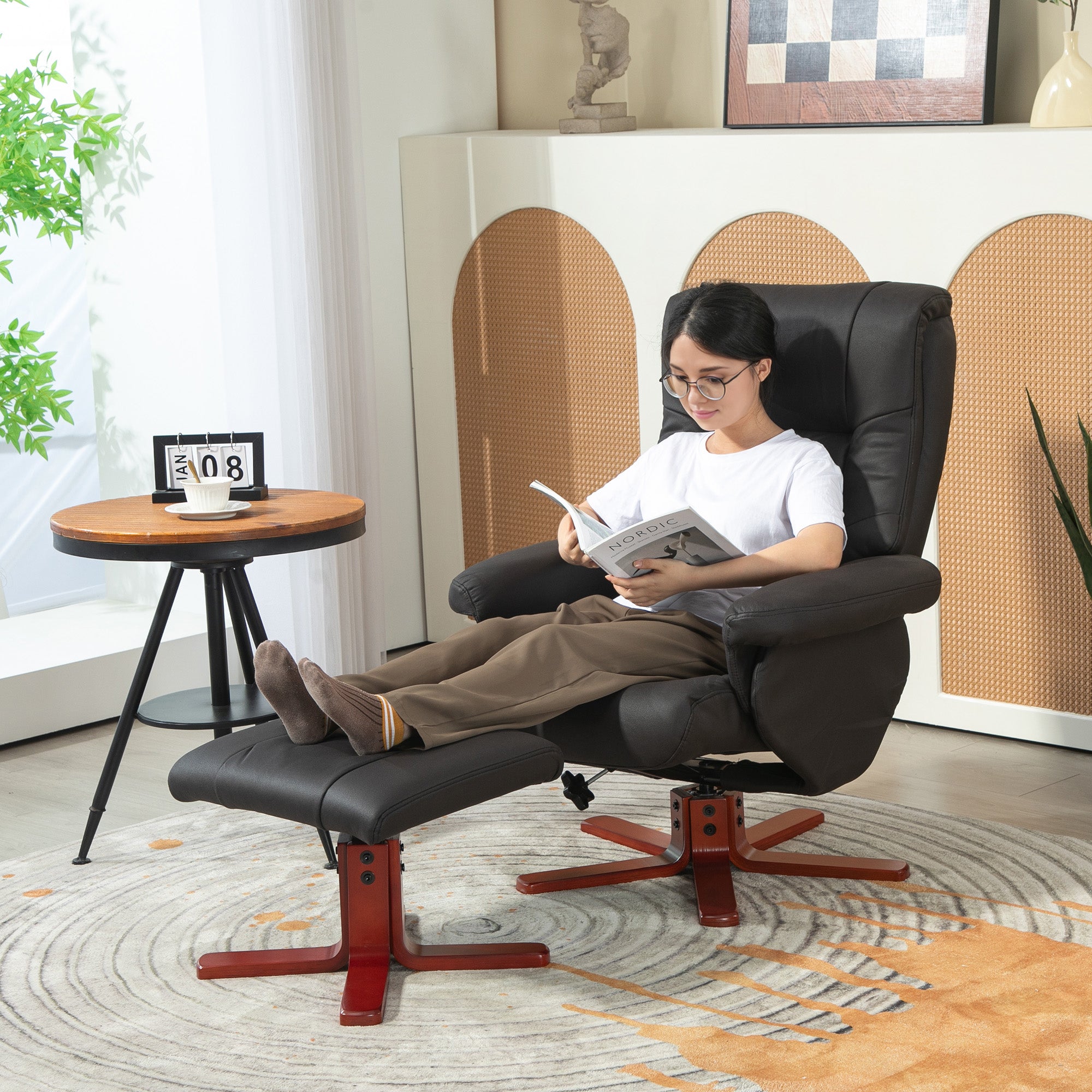 HOMCOM Faux Microfibre Leather Manual Recliner and Footstool Set - Black 