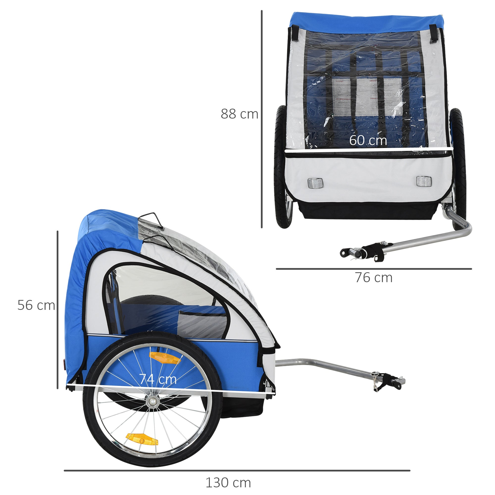 HOMCOM 2 Seat Bike Trailer Bicycle wagon for Kids Child Steel Frame Safety Harness Seat Carrier Hitch Coupler Blue White 130 x 76 x 88 cm 
