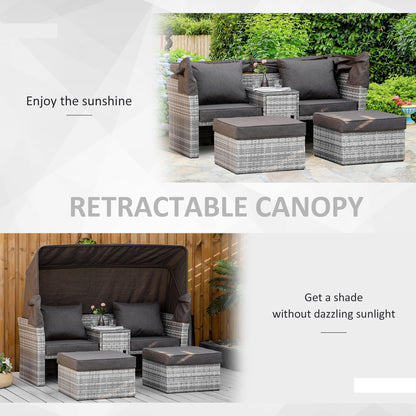 Outsunny 2-Seater Outdoor Rattan Daybed Sofa Footstool Coffee Table Set w/ Canopy, Cushion 