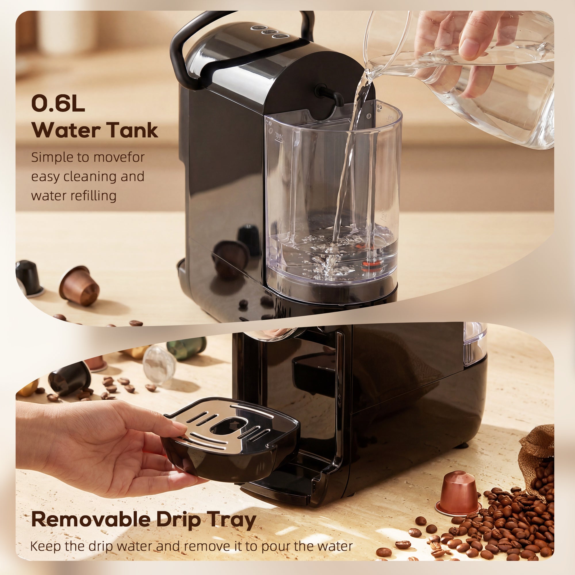 HOMCOM Pod Coffee Machine for Nespresso, Dolce Gusto Capsule & Ground Coffee, Small Semi Automatic Coffee Maker, 19 Bar, 0.6L 