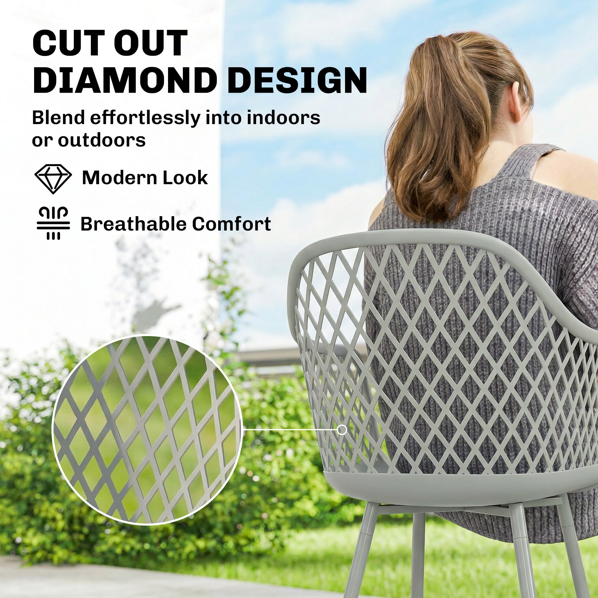 Outsunny Garden Chairs Set of 4, Garden Dining Chairs with Cut Out Diamond Back and Armrests for Patio, Balcony, Terrace, Grey 