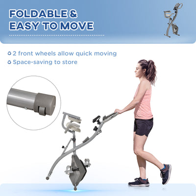HOMCOM 2-in-1 Folding Exercise Bike with 8-Level Magnetic Resistance, Arm Resistance Band, Pulse Sensor, Grey 