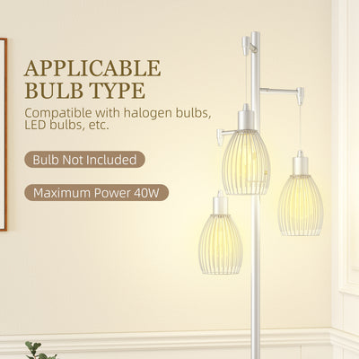 HOMCOM 3-Light Floor Lamp, 170cm Industrial Dimmable Standing Lamp with Steel Wire Cage Lampshades for Living Room, Bedroom, Dining Room, Study, Silver Tone 