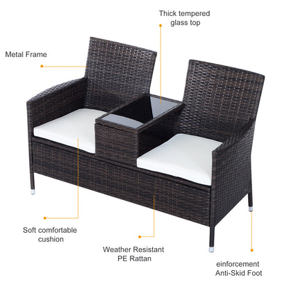 Outsunny 2-Seater Rattan Chair Furniture Set W/ Middle Tea Table-Brown 