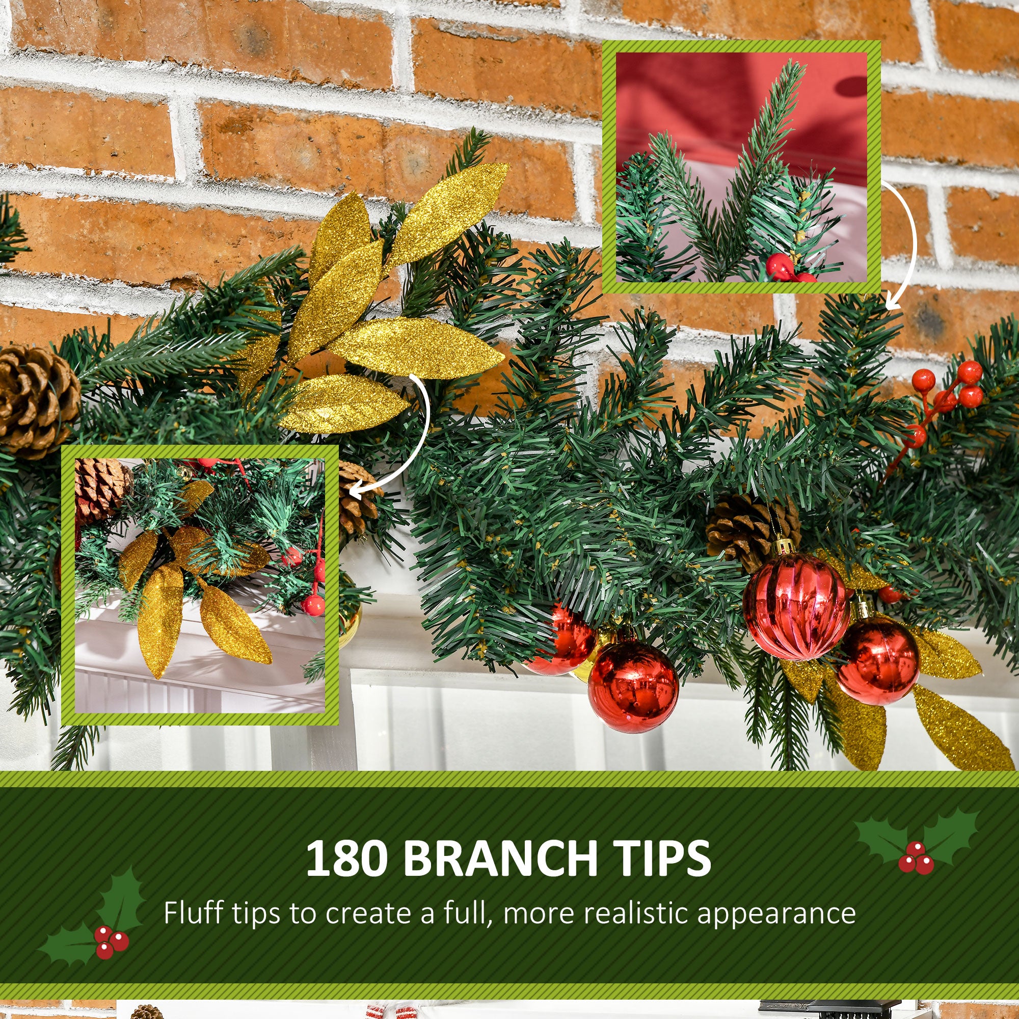 HOMCOM 2.7M Artificial Christmas Garland w/ Pine Cones Decorations Seasonal Style Beauty Home Fireplace Doors