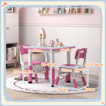 AIYAPLAY Height Adjustable Toddler Table and Chair Set, 3 Pcs Children Activity Table w/ 2 Chairs, for Playroom, Bedroom - Pink 