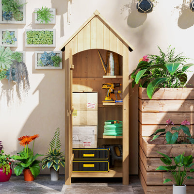 Outsunny Small Shed, Wooden Garden Storage Shed with 3 Shelves, Outdoor Tool Storage Cabinet with Tilt Roof and Lockable Door, 77.5 x 54.2 x 179.5 cm, Natural 