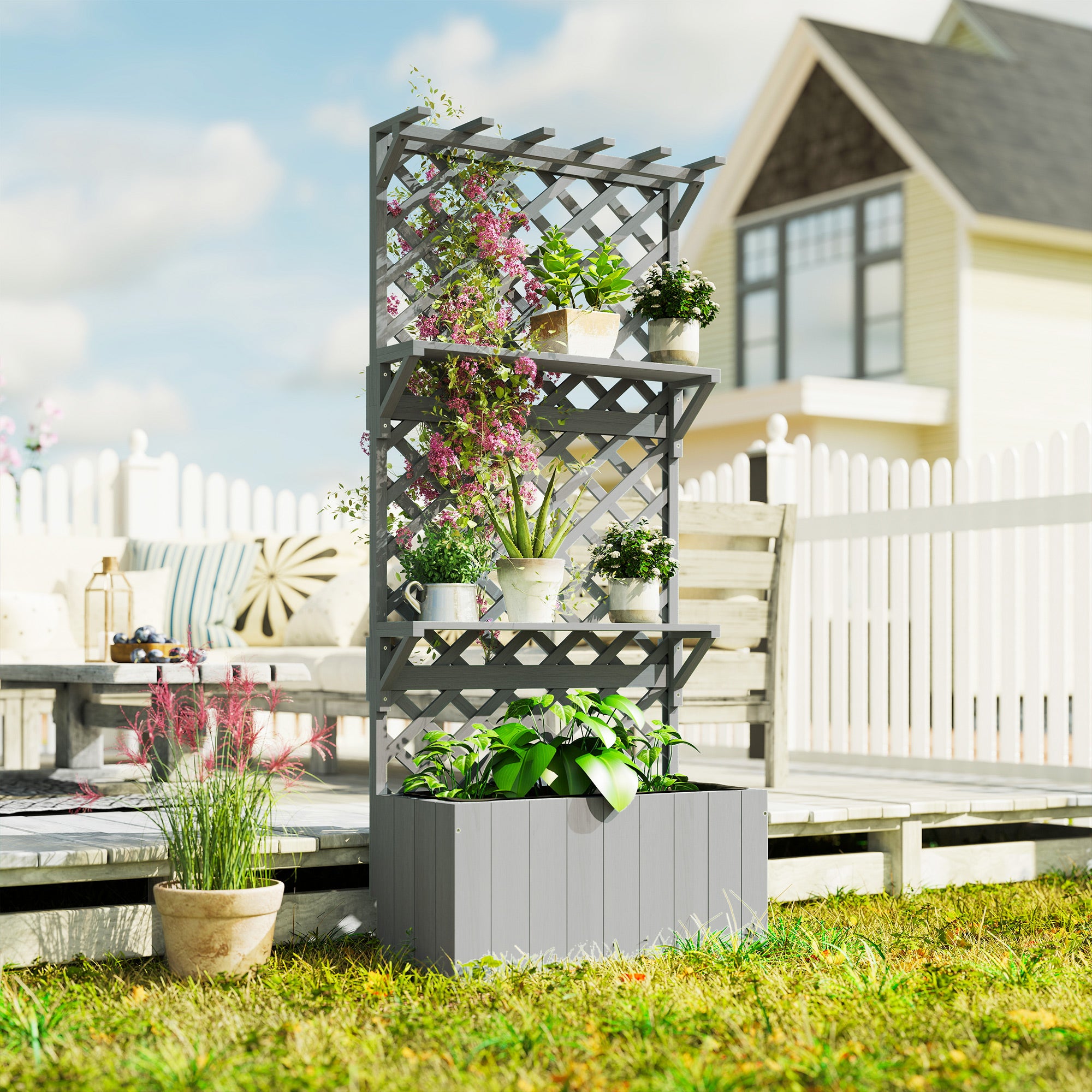 Outsunny 52L Wooden Planter, with Trellis and Shelves - Grey 
