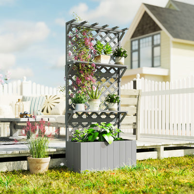 Outsunny 52L Wooden Planter, with Trellis and Shelves - Grey 