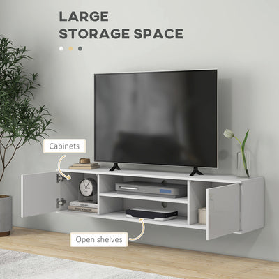 HOMCOM Floating TV Stand Cabinet for TVs up to 60", Wall Mounted TV Unit with Open Shelf, Storage Cupboards and Cable Management for Living Room, White 