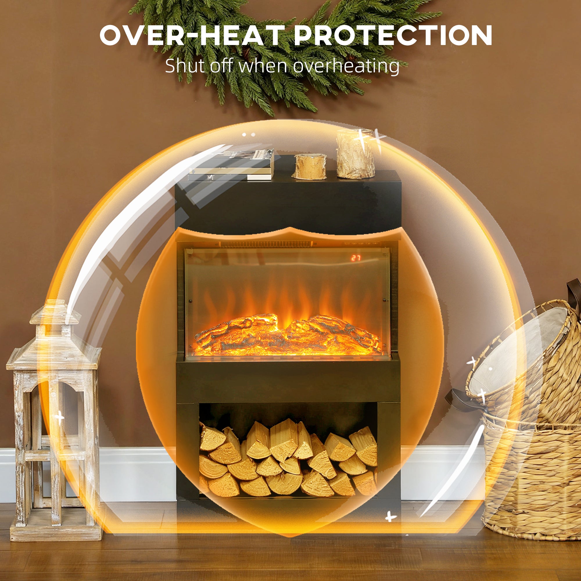 HOMCOM 19" Electric Fireplace with Surround, 3D Flame Effect, 6 Colours & 3 Brightness Levels, 1000W/2000W Black Electric Fire and Mantel Reach up to 30㎡ Space with Remote & Timer, 3 Sided View 