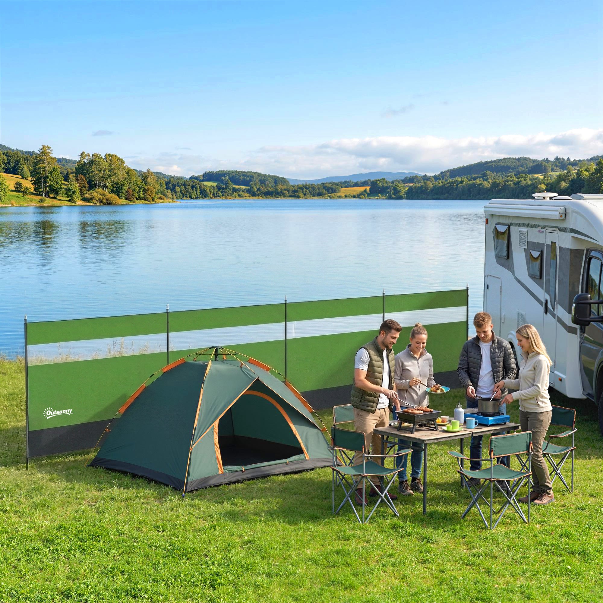 Outsunny Camping Windbreaker with Clear Windows, Carry Bag and Steel Poles, for Beach Caravan Campervan, 725 x 140cm, Army Green 