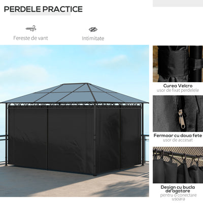 Outsunny Hardtop Gazebo Garden Pavilion with UV Resistant Polycarbonate Roof, Curtains, Steel & Aluminium Frame, 3 x 4m, Grey 