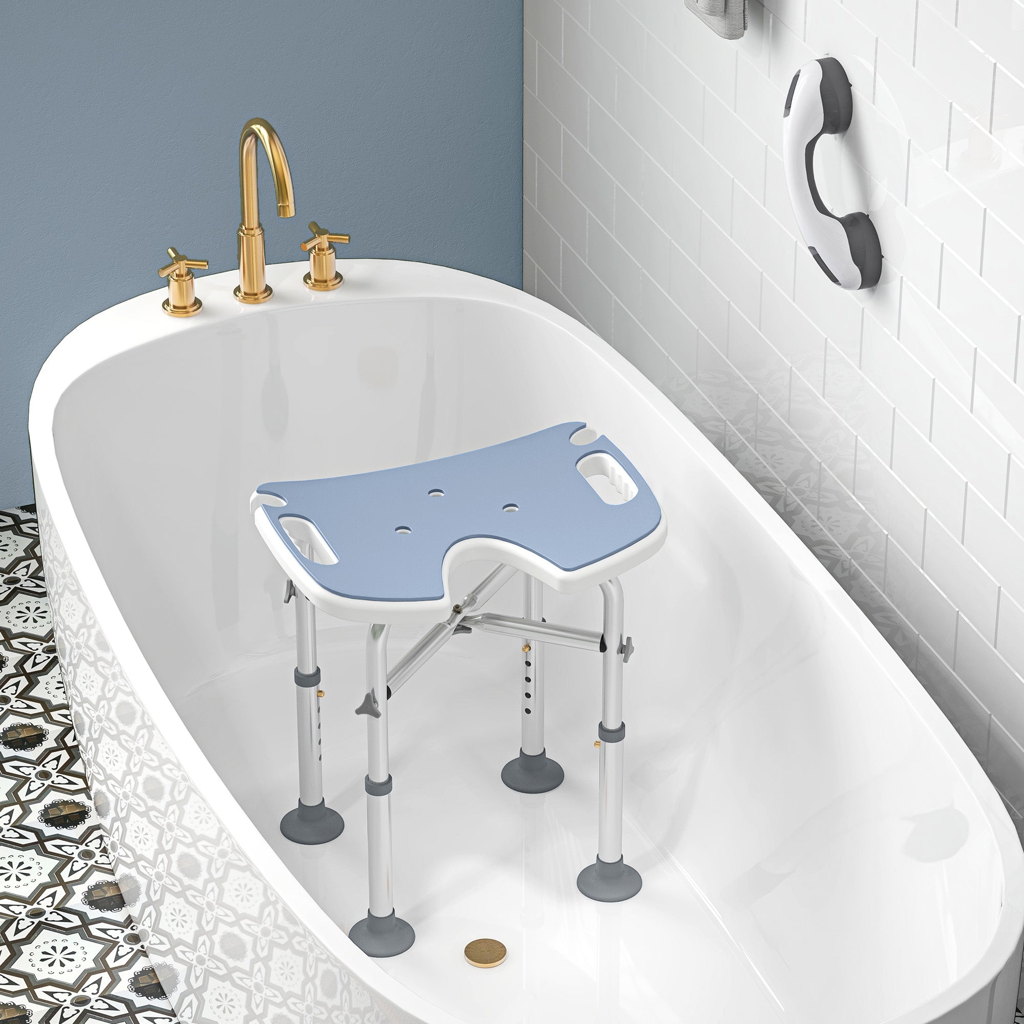 HOMCOM 39-51.5cm 'U' Seat Padded Shower Stool - Light Blue 