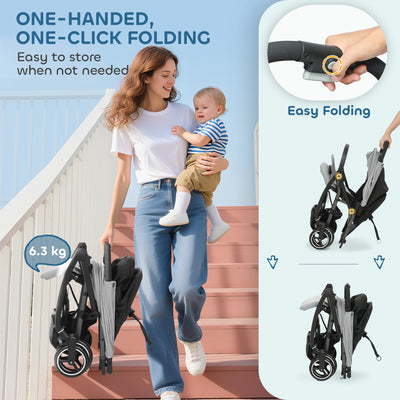 AIYAPLAY Travel Stroller, Lightweight Pushchair, Compact Buggy with Canopy, Basket and Multi-Position Recline, Light Grey 