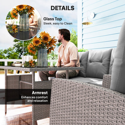 Outsunny 5 Seater Rattan Garden Furniture Set, 2 Armchairs, 3-Seater Wicker Sofa, 2 Footstools and Glass Table, 6 Piece Patio Rattan furniture Sofa Sets with Cushions for Conservatory, Grey 