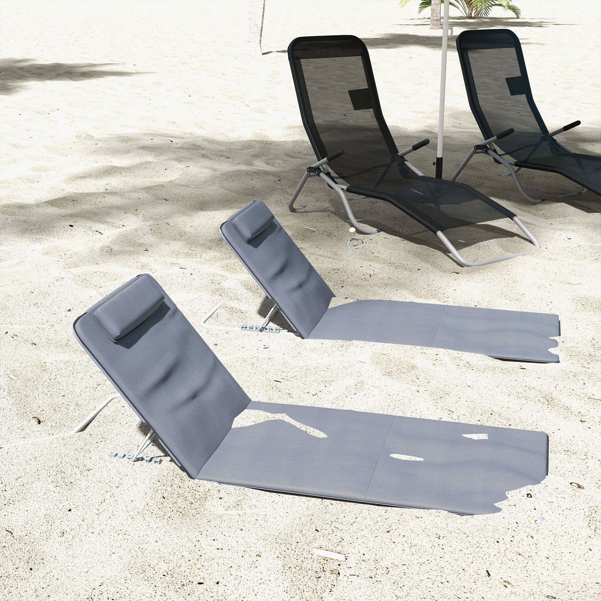 Outsunny Set of 2 Foldable Garden Beach Chair Mat Lightweight Outdoor Sun Lounger Seats Adjustable Back Metal Frame PE Fabric Head Pillow w/ Carry Bag,Grey 