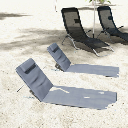 Outsunny Set of 2 Foldable Garden Beach Chair Mat Lightweight Outdoor Sun Lounger Seats Adjustable Back Metal Frame PE Fabric Head Pillow w/ Carry Bag,Grey 