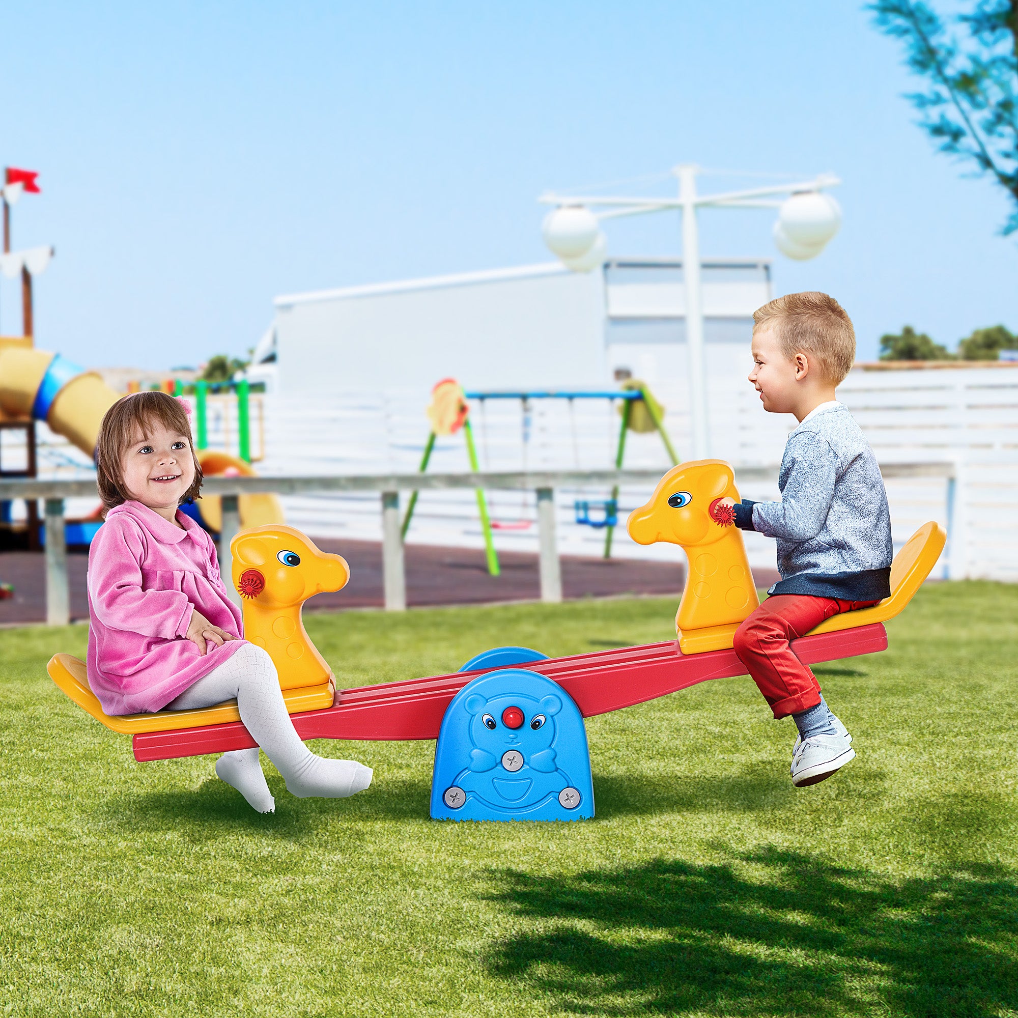 HOMCOM Kids Seesaw Safe Teeter Totter 2 Seats with Easy-Grip Handles, Safe, Indoor Outdoor Living Room Playroom Backyard Equipment, for 1-4 years old Multicolor 
