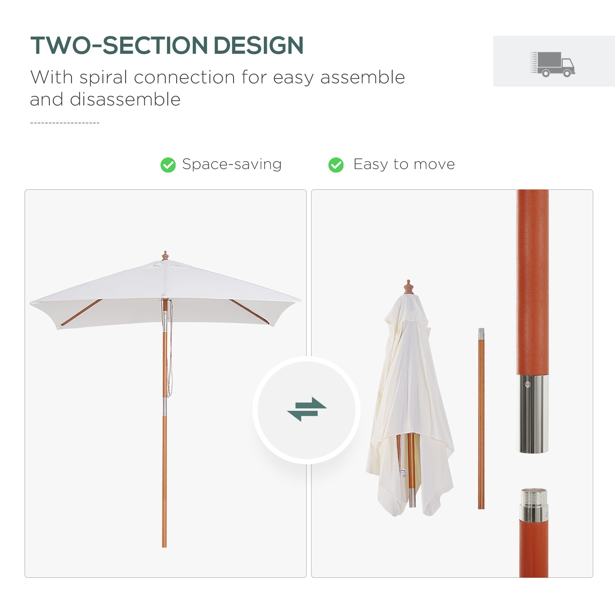 Outsunny 2m x 1.5m Garden Parasol Umbrella with Tilting Sunshade Canopy, Outdoor Market Table Umbrella with Wood and Bamboo Frame, Cream White 