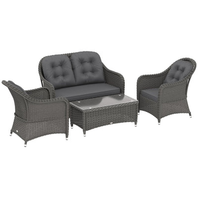 Outsunny Four-Piece Rattan Sofa Set, with Glass-Top Table - Light Grey 