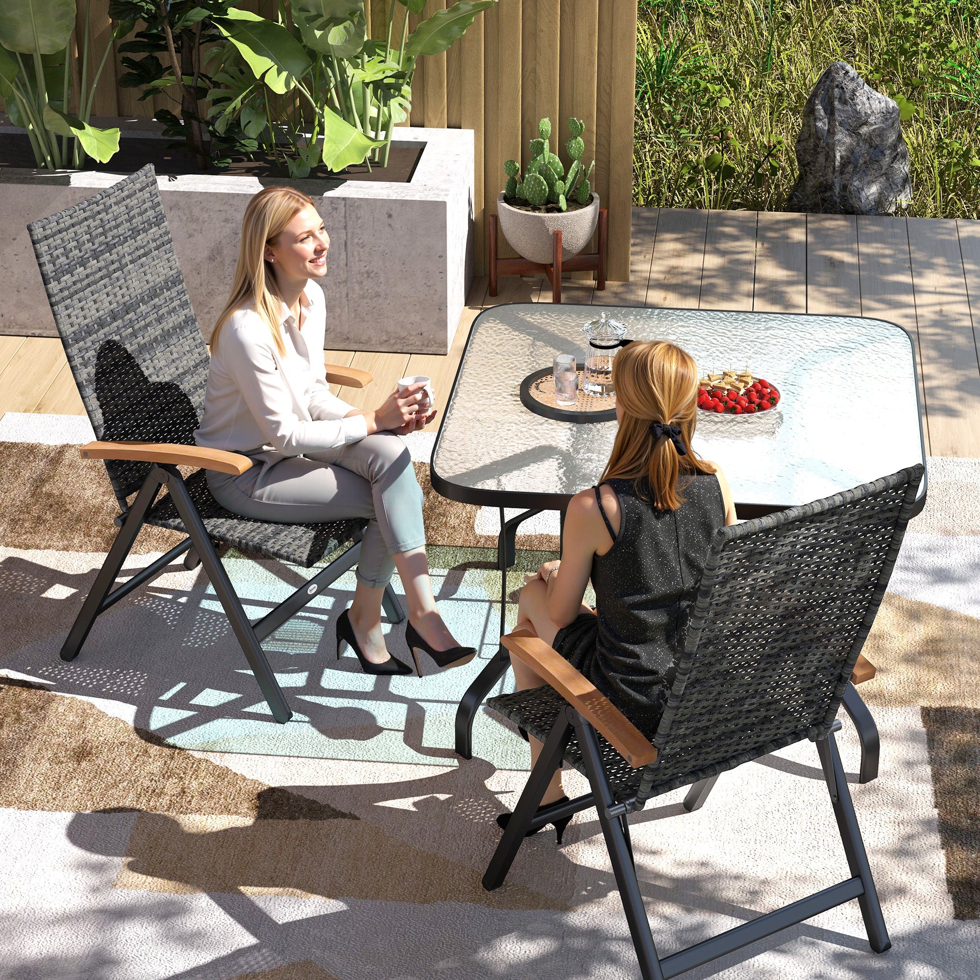 Outsunny 2 Pieces Outdoor Foldable Dining Chair with Armrests, High Backrest, for Garden, Camping, Balcony, Mixed-grey 