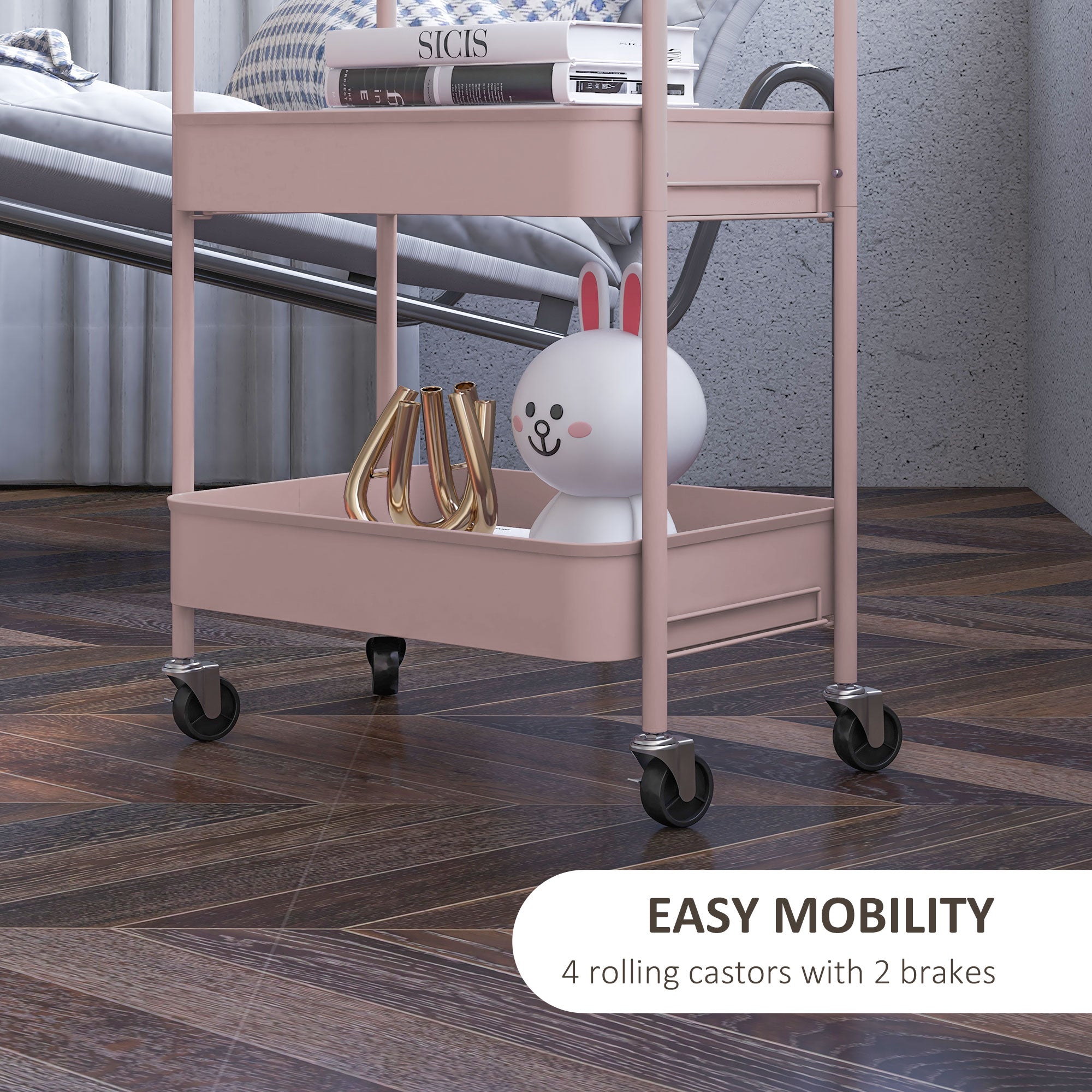 HOMCOM Three-Tier Steel Storage Trolley - Pink 