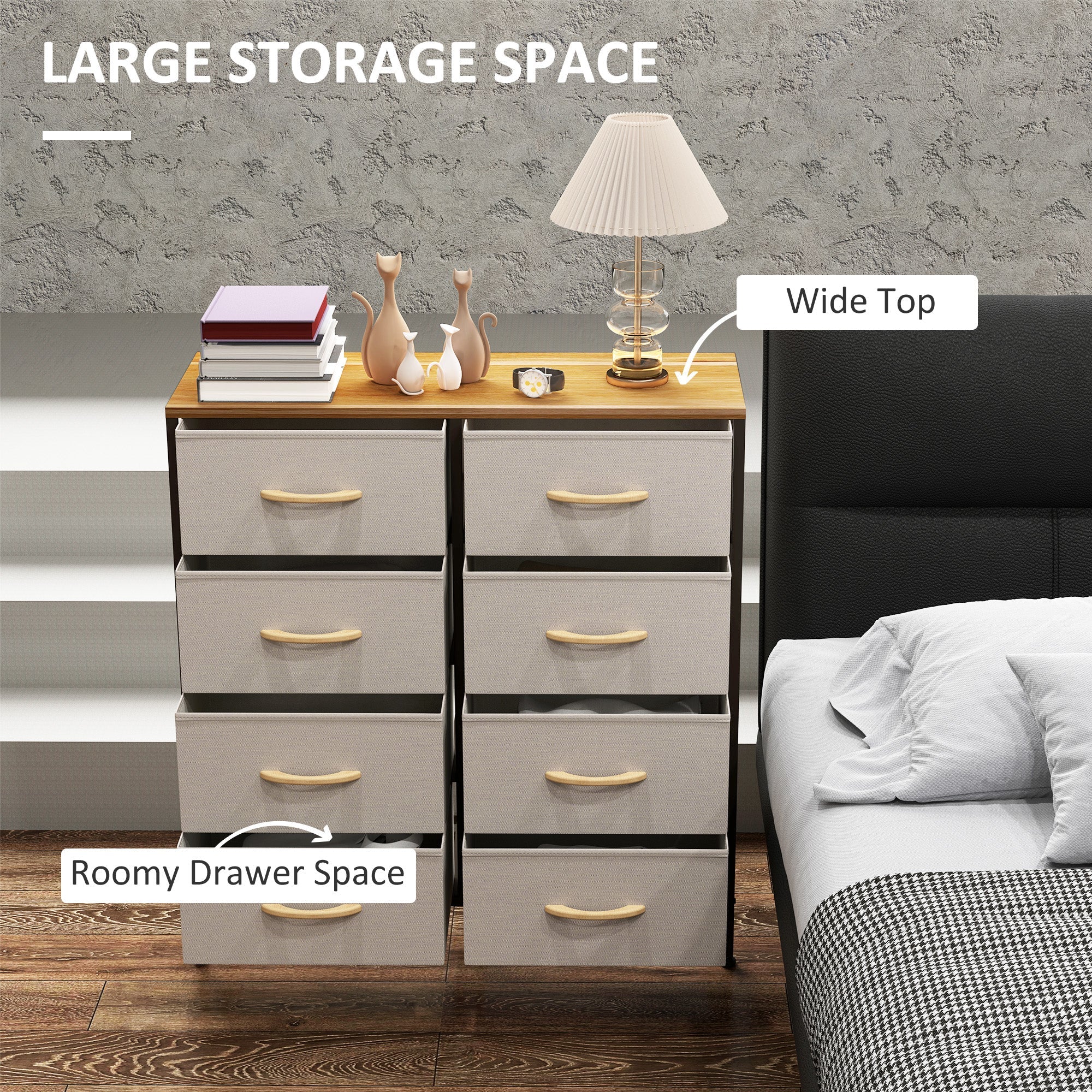 HOMCOM Fabric Chest of Drawers, Storage Drawers, Industrial Bedroom Dresser with 8 Fabric Drawers, Steel Frame and Wooden Top for Nursery, Living Room, Hallway, Cream White 