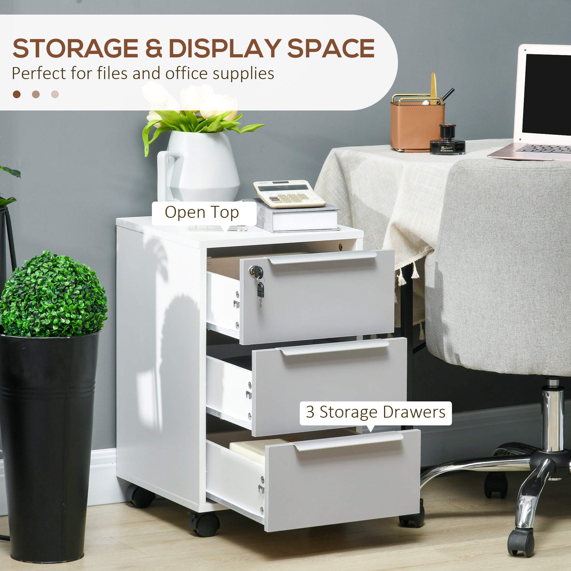 HOMCOM 3-Drawer Lockable Filing Cabinet, File Cabinet on Wheels, Mobile Office Storage Drawers for Home Office, Bedroom and Living room, White and Grey 