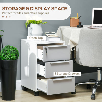 HOMCOM 3-Drawer Lockable Filing Cabinet, File Cabinet on Wheels, Mobile Office Storage Drawers for Home Office, Bedroom and Living room, White and Grey 