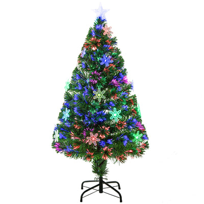 HOMCOM 4FT Green Fibre Optic Artificial Christmas Tree Xmas Colourful LED Scattered Tree with Snowflakes Ornaments Fireproofing 