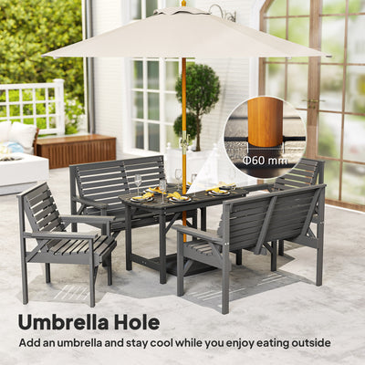 Outsunny 5 Piece Wooden Garden Dining Set for 6, Outdoor Conversation Set with 2 Armchairs, 2 Loveseats and Dining Table with Umbrella Hole for Patio, Balcony, Grey 