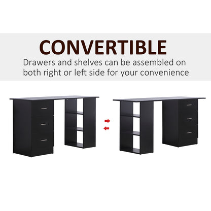 HOMCOM Computer Desk, Writing Table, PC Workstation with 3 Storage Shelves and Drawers, Silver Handle, for Home Office, Black 