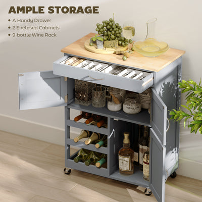 HOMCOM Modern Kitchen Trolley, Rolling Island Storage Cart with Drawer, 9-bottle Wine Rack, Door Cabinets, Wooden Countertop, Grey 