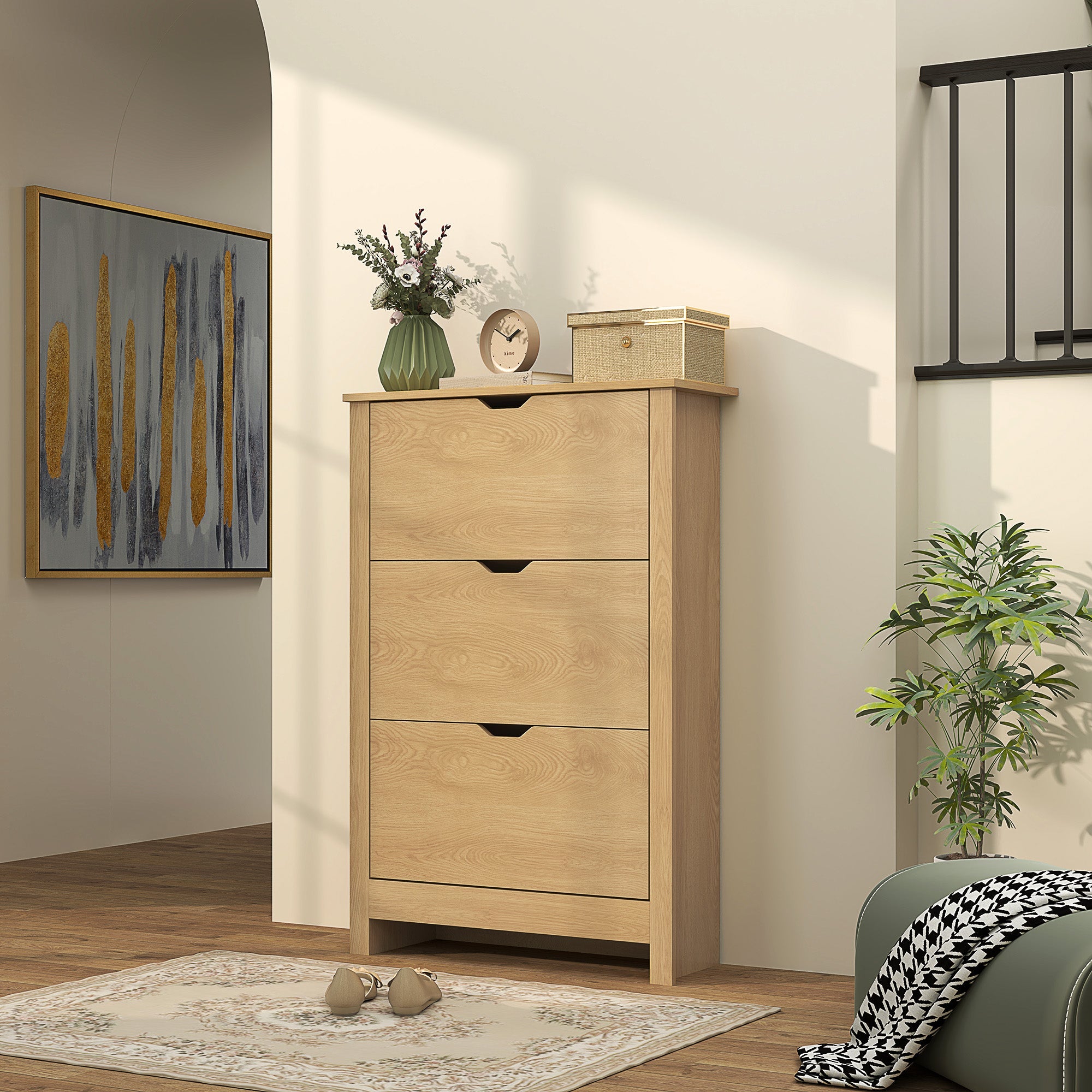 HOMCOM Slim Shoe Cabinet, Narrow Shoe Cupboard with 3 Drawers, Adjustable Shelves for 18 Pairs of Shoes, Natural Wood Finish 