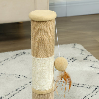 PawHut Cat Scratching Post for Indoor Cats, 47cm Tall Cat Scratcher with Jute Sisal Rope, Hanging Toy Ball, Feather, Brown 