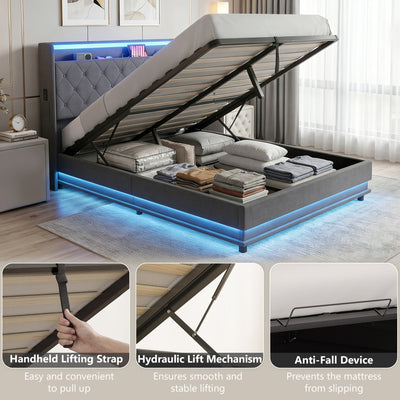 HOMCOM 4ft6 Double Bed Frame with Headboard, Platform Bed Frame with Hydraulic Storage, LED Lights and Charging Station, Grey 