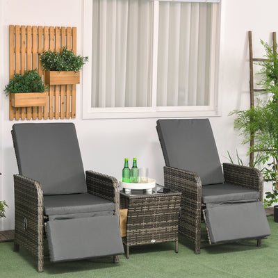 Outsunny 3 Pieces Rattan Bistro Set Balcony Furniture with Cushions, Storage Function - Mix-Grey 