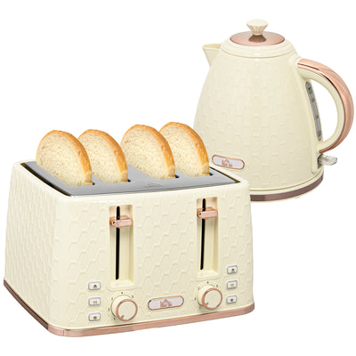 HOMCOM Kettle and Toaster Set, 1.7L 3000W Fast Boil Jug Kettle with Auto Shut Off, 4 Slice Toaster with 7 Level Browning Controls & Crumb Tray, Beige 