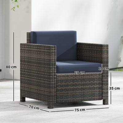 Outsunny PE Rattan Garden Armchair with Cushion - Mixed Brown/Navy Blue 